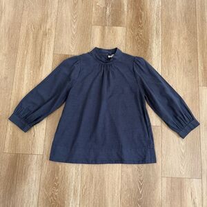 EVERLANE Mock Neck Puff Sleeve Blouse Top Size 0 Chambray Navy Blue Cotton